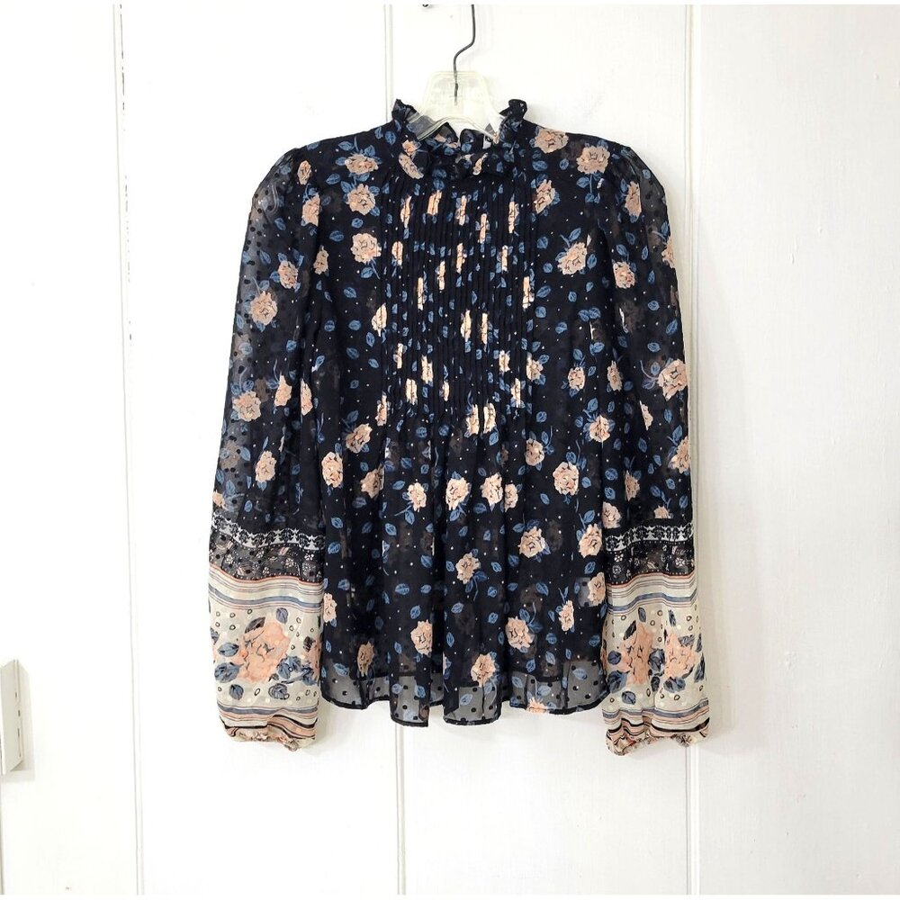 Maison d'Amelie Sheer Georgette High Neck Ruffled Cottagecore Floral Blouse Size - Picture 4 of 4